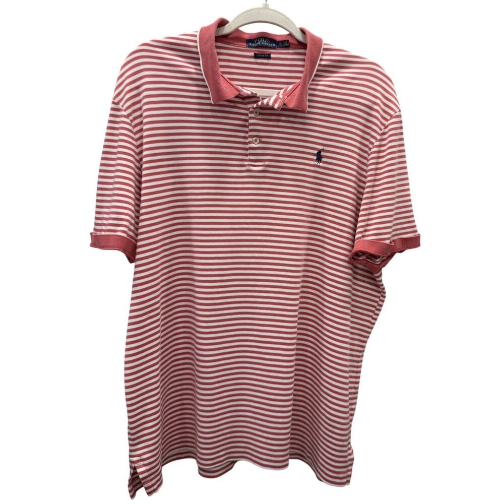 Polo Ralph Lauren Mens XL Coral Striped Short Sleeve Polo Shirt Classic Cotton